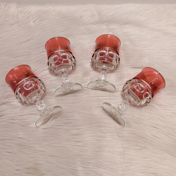 Vintage set of 4 thick glass with red accent drinking goblets.